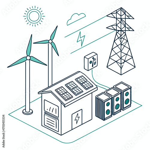 Vector art of isometric illustration depicting a sustainable energy ecosystem with solar panels, wind turbines, and power grids working in harmony to power a home