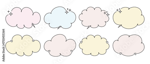 Empty color speech bubbles in line shape. Cartoon cloud shaped message box, chat box.