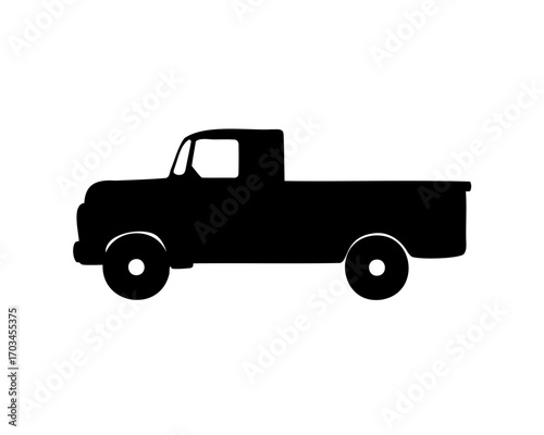 Silhouette of a vintage pickup truck against a white background in black