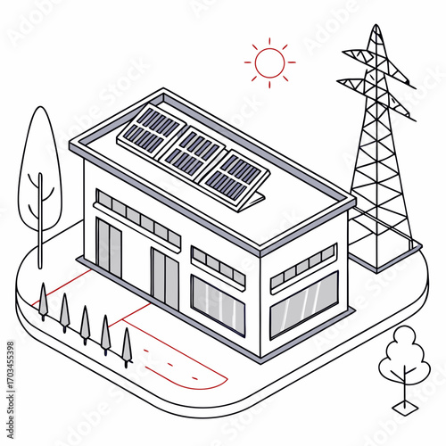 Vector art of isometric illustration of a modern factory building with solar panels on the roof, a power line, and trees, showcasing sustainable energy and ecofriendly industrial design