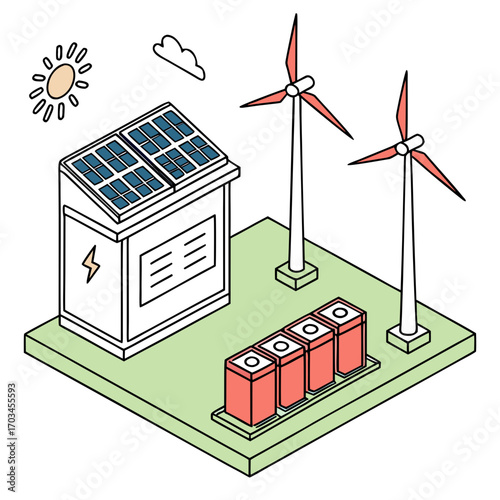 Vector art of isometric illustration of a compact renewable energy setup, integrating solar panels, wind turbines, and battery storage for a selfsufficient power solution