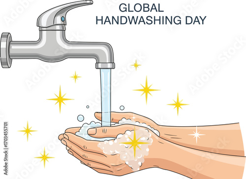 Global handwashing day concept with hands under tap water and sparkling effect