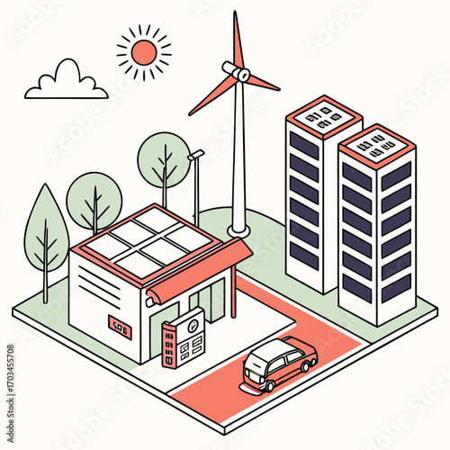 Vector art of isometric illustration of a sustainable gas station powered by solar panels and wind turbines, showcasing ecofriendly transportation and renewable energy solutions
