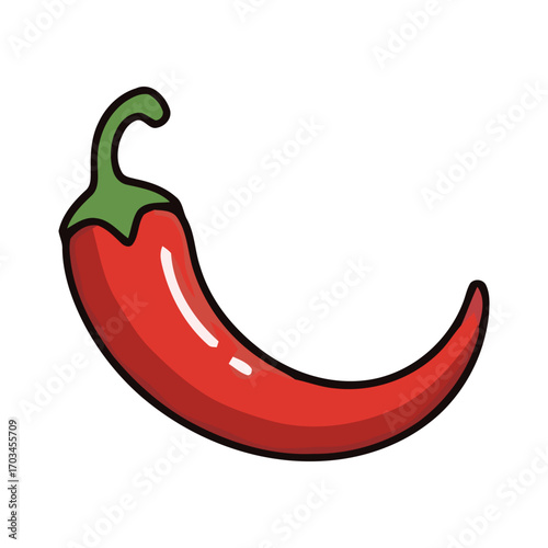 Cartoon illustration of a single red hot chili pepper, a symbol of spice, heat, and zesty flavor isolated on a white background