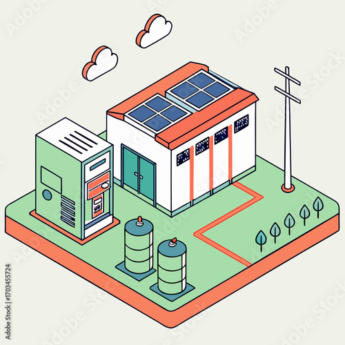 Vector art of isometric illustration of a sustainable energy power plant, showcasing solar panels, energy storage, and a distribution system, symbolizing clean energy and environmental responsibility