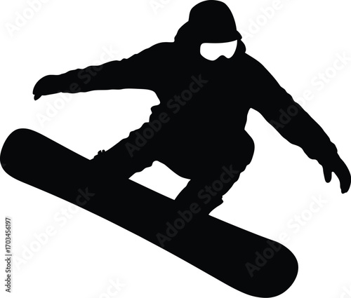 Snowboarder airborne mid jump silhouette black