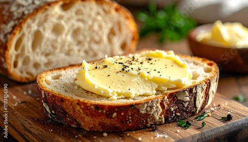 Close-up of artisan bread with butter and seasoning