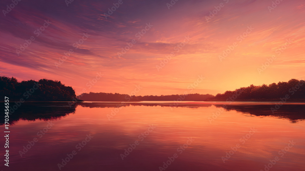 Fototapeta premium A serene sunset paints the sky with vibrant hues, reflecting beautifully on the calm lake's surface.