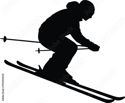 Black silhouette of skier in action skiing white