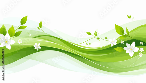 Green Nature Swirls with White Flowers and Leaves.