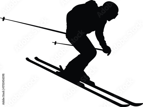 Black silhouette of skier descending slope skiing downhill