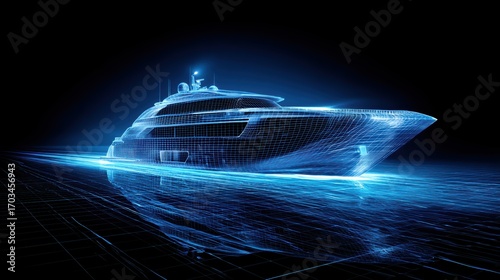 A futuristic digital wireframe of a luxury yacht glows with blue light, appearing to sail through a virtual space