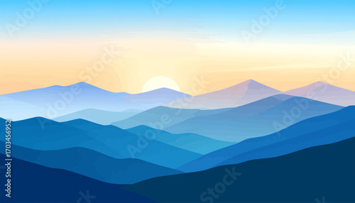 Serene Mountain Range at Sunrise with Hazy Blue Peaks.