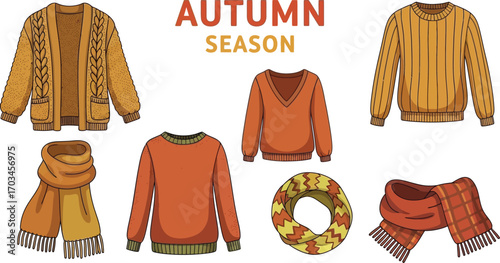 Collection of autumn season clothes, including sweaters, cardigans, and scarves in warm colors