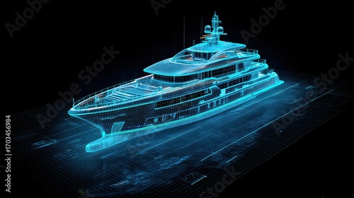 A glowing wireframe 3D model of a yacht displayed on a dark background, highlighting advanced marine technology and digital design