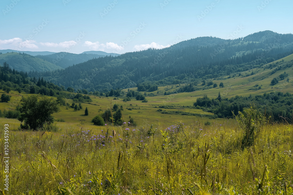 Obraz premium Panoramic mountain valley with lush green meadows wildflowers and dense pine forest under clear blue sky in summer morning light
