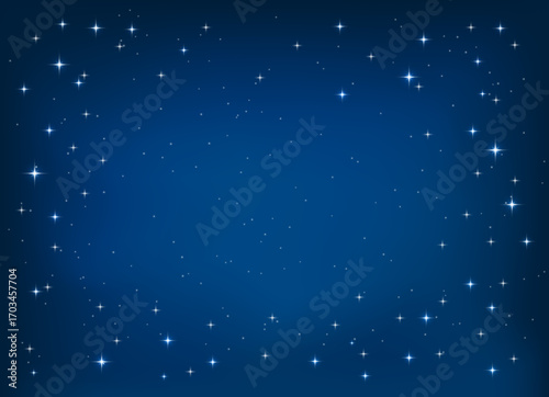 Starry night sky background with glowing stars on a deep blue gradient, shining sparkles and twinkling lights. Perfect for astronomy themes, dreamy night scenes, or festive designs.