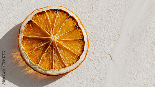 A close-up, overhead shot of a dried orange slice casting a shadow on a textured white surface.