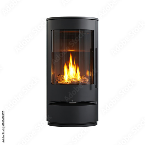Modern, dark gray, cylindrical wood-burning stove with glass viewing panel; flames in center