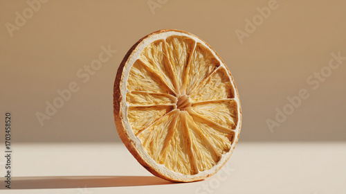A single dried orange slice stands upright in a minimalist still life, showcasing its translucent texture against a warm, neutral background.