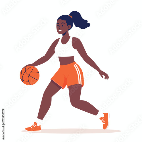 An illustration of a woman dribbling a basketball while moving forward.