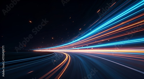 Dynamic neon light trails in blue and orange creating a sense of speed and motion on a dark road. Futuristic abstract background design concept for technology, energy, and fast movement.
