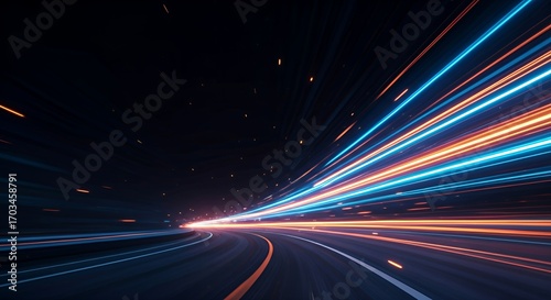 Dynamic neon light trails in blue and orange creating a sense of speed and motion on a dark road. Futuristic abstract background design concept for technology, energy, and fast movement.