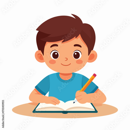Cartoon illustration of a young boy writing in a book with a pencil, smiling, against a white background.