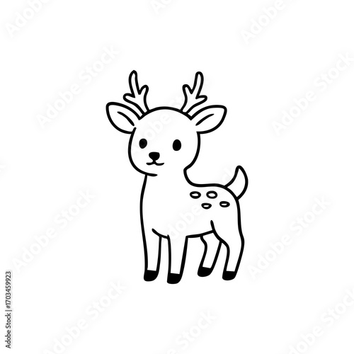 Cute, stylized black and white illustration of a deer