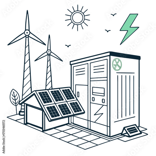 Modern renewable energy station with solar panels and wind turbines generating clean electricity for a sustainable future