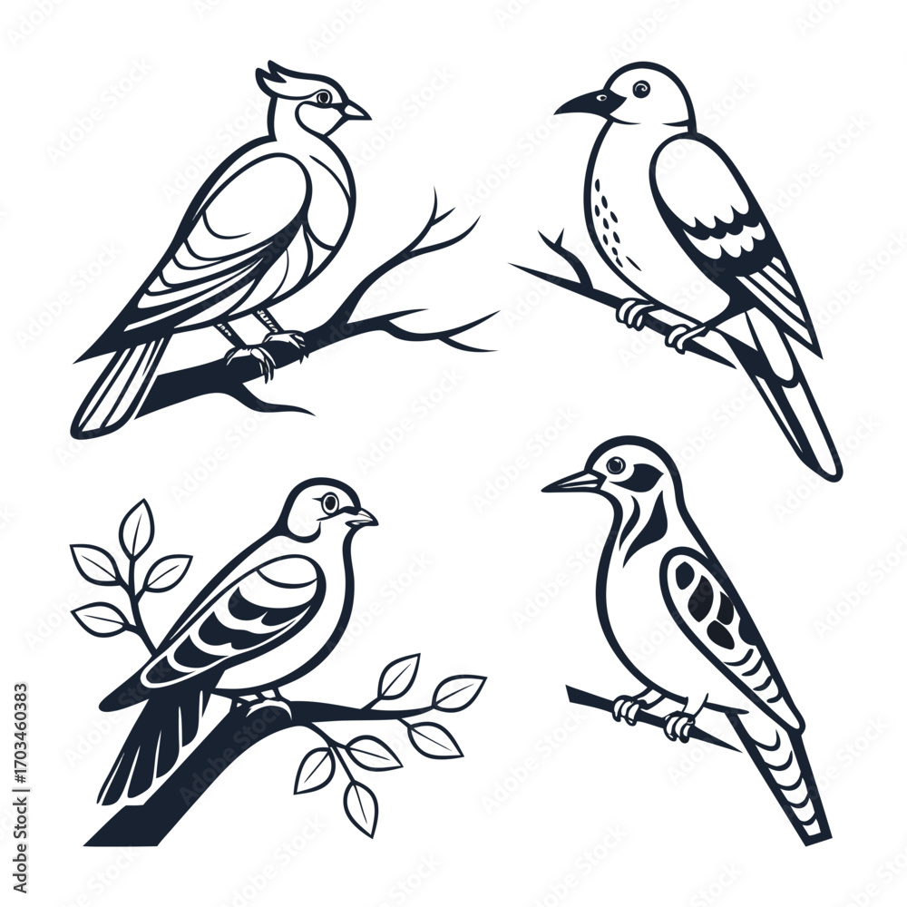 Fototapeta premium Four stylized black and white line art illustrations of different birds perched on branches