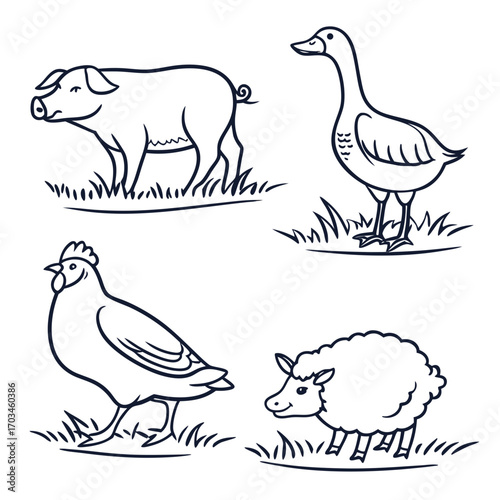 Collection of charming line art farm animals including a pig goose chicken and sheep grazing on grass