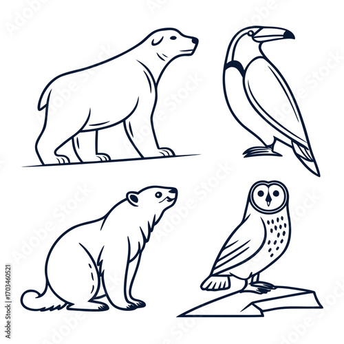 Collection of stylized line art illustrations featuring polar bears a toucan and an owl on white background