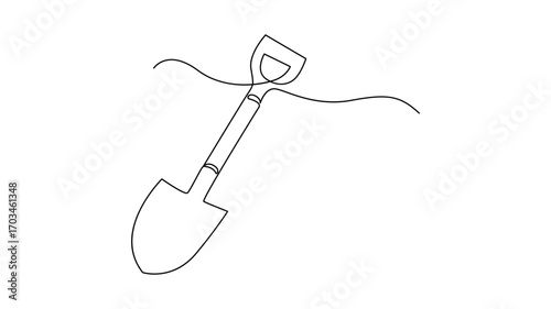 Single line drawing of a shovel partially submerged in wavy lines digging gardening