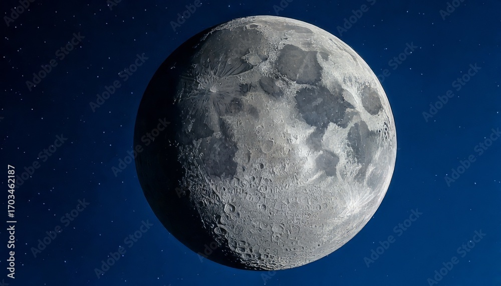 Obraz premium Detailed View of the Moon's Surface with Craters and Lunar Landscape Against a Starry Night Sky