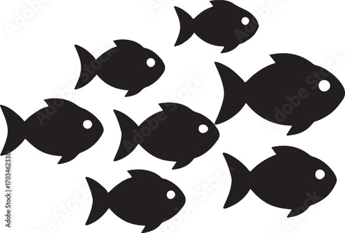 School of fish group silhouette icon, ideal for ocean, marine life, logo, and creative design use.
