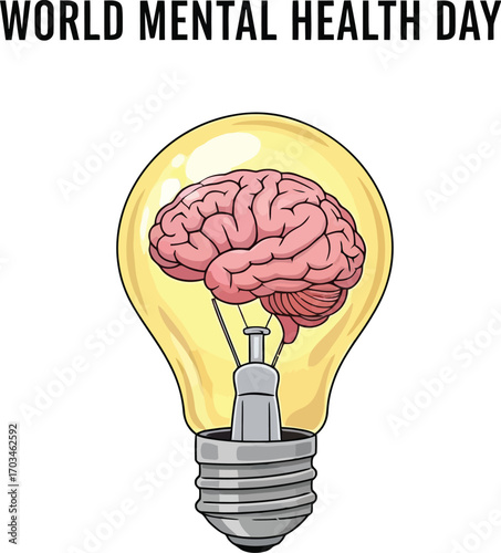 World mental health day with brain inside light bulb