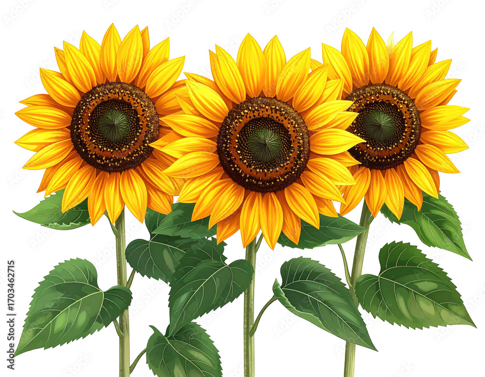 Fototapeta premium Three vibrant sunflowers against a black background. Detailed illustration of blossoms and leaves. Warm yellow petals and dark centers. Strong stems and foliage