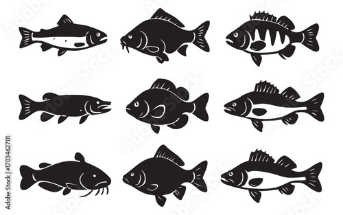 black silhouettes of river fish in vector graphics style	