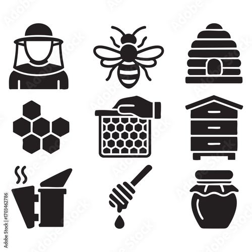 a collection of 9 black line-style icons themed around beekeeping, honey production, and apiculture.