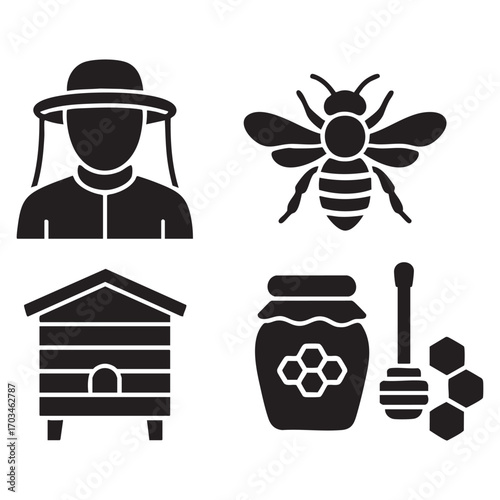 a collection of 4 black line-style icons themed around beekeeping, honey production, and apiculture.