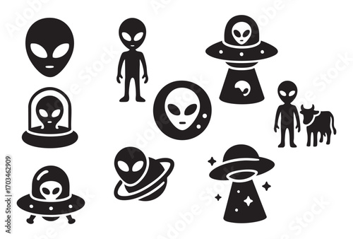 a collection of 9 black and white line icons (silhouettes) that are thematically related to aliens, UFOs, and science fiction.