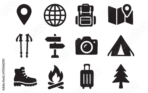 A collection of 12 black and white line icons (silhouettes) that are thematically related to travel, tourism, and adventure recreation.