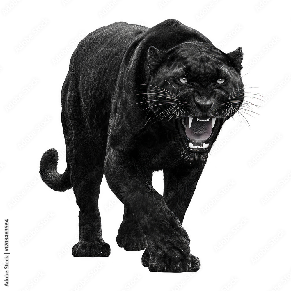 Fototapeta premium A black panther is walking on a white background