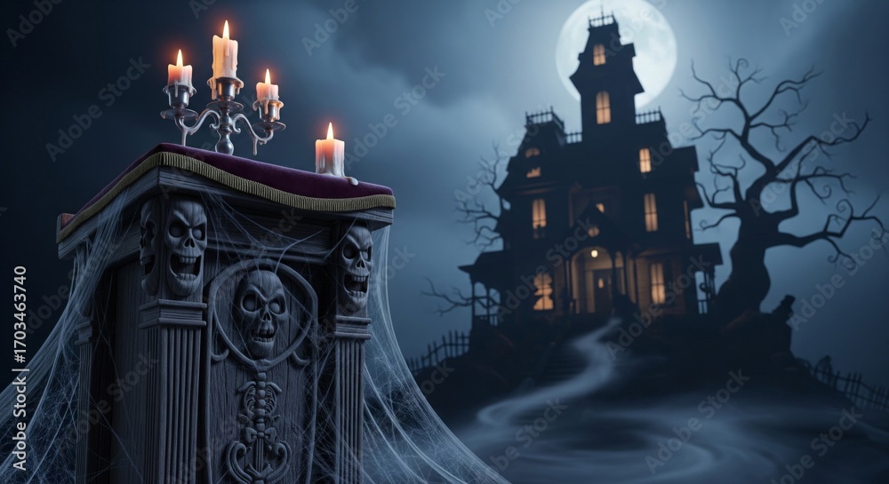 Fototapeta premium Spooky Graveyard Tombstone with Skull Details and Haunted Mansion in Moonlight