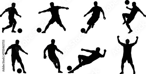 Set of eight diverse soccer player silhouettes in various dynamic poses, capturing the essence of the sport's movement and action for graphic design