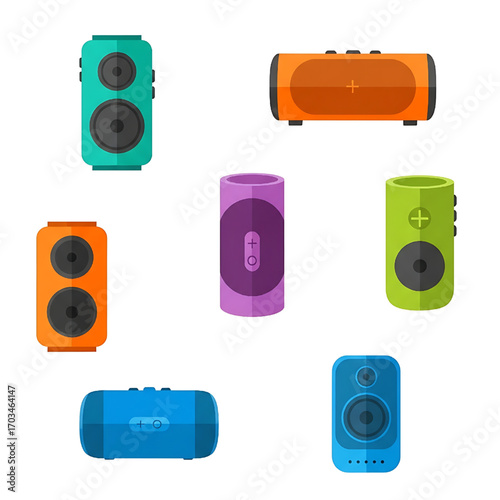 Colorful portable audio speakers set flat design vector illustration
