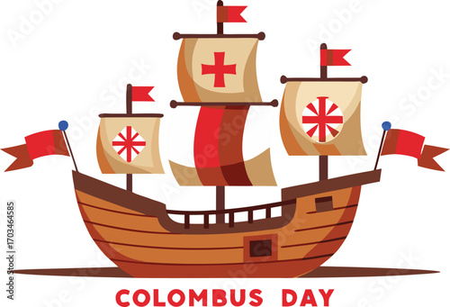 Cartoon Caravel Ship With Columbus Day Text On Black Background boat sailing