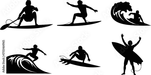 Set of Silhouette Surfer Icons Representing Various Surfing Actions and Waves on White Background, Perfect for Sports and Summer Designs