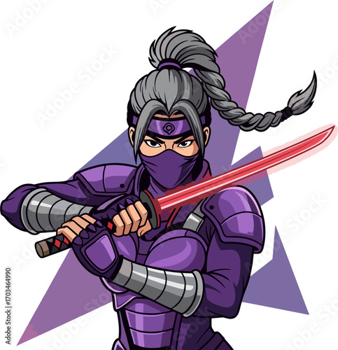 Purple Armored Female Ninja Warrior with Red Energy Katana Vector for Esports
